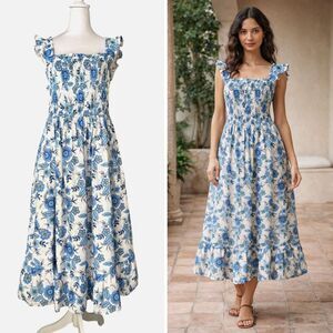 Haute Hippie Blue Floral Smocked Midi Dress Flutter Sleeve Cotton Cottagecore 12